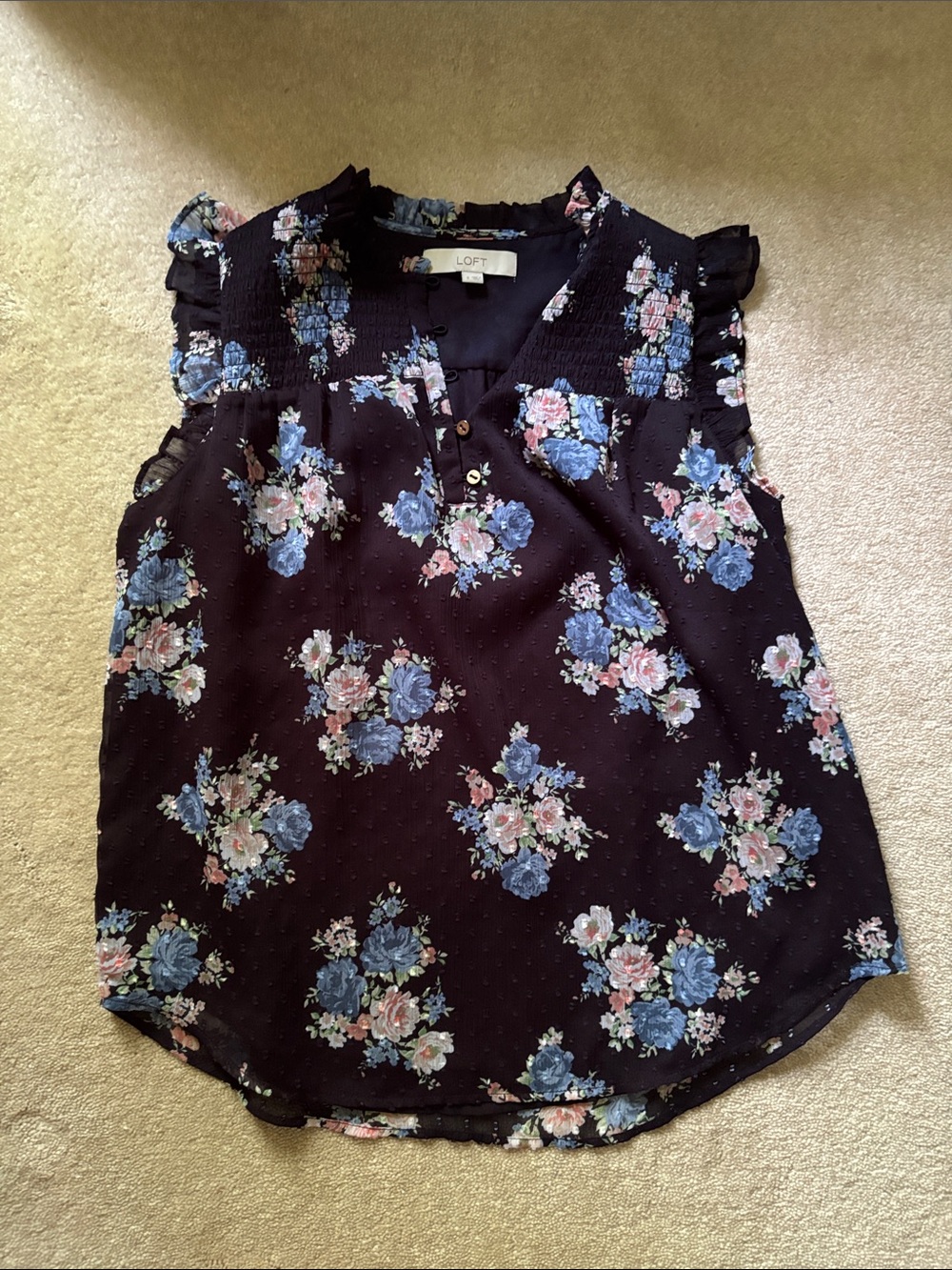 LOFT Black Floral Button-Front Ruffle Cap-Sleeve Blouse